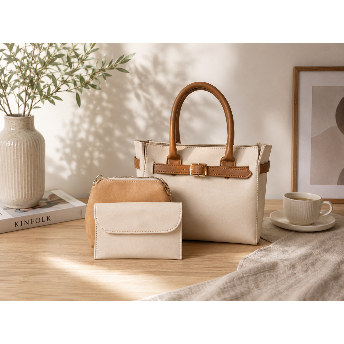 Elegant 3-Piece Women's Handbag Set – Cream & Tan Leather-Look Tote Bag with Wallet and Crossbody Purse