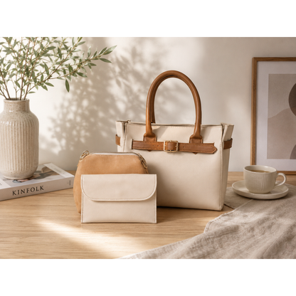 Elegant 3-Piece Women's Handbag Set – Cream & Tan Leather-Look Tote Bag with Wallet and Crossbody Purse