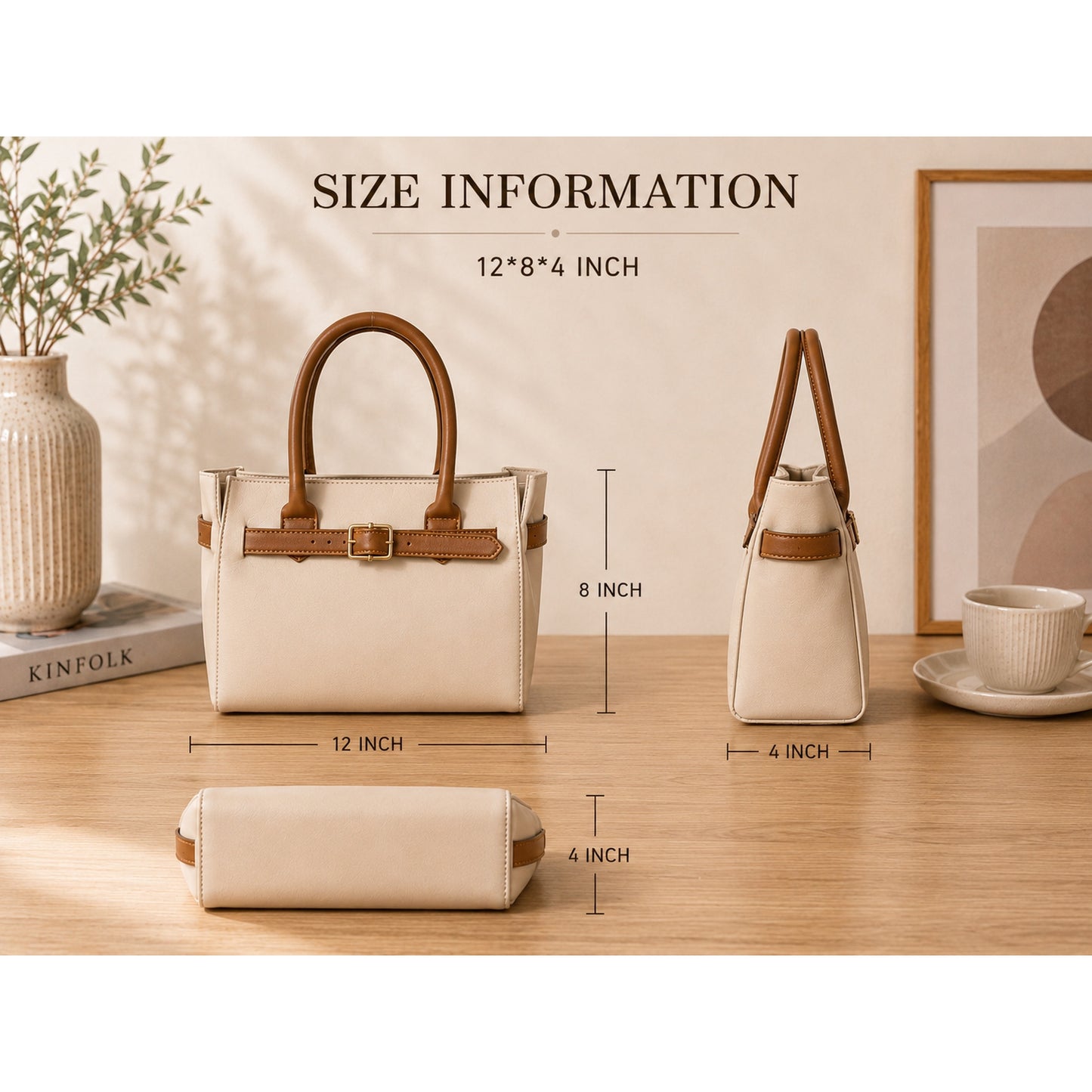 Elegant 3-Piece Women's Handbag Set – Cream & Tan Leather-Look Tote Bag with Wallet and Crossbody Purse