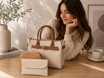 Elegant 3-Piece Women's Handbag Set – Cream & Tan Leather-Look Tote Bag with Wallet and Crossbody Purse